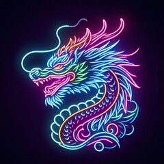 Dragon head animal in neon style, Portrait of glow light animal. minimal design