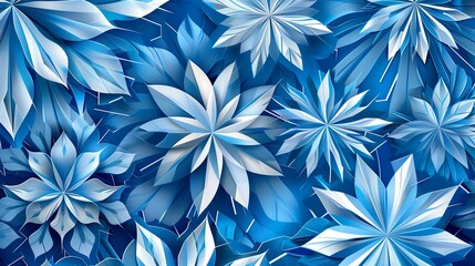 Abstract geometric patterns resembling snowflakes in shades of blue and white, evoking a winter wonderland theme.