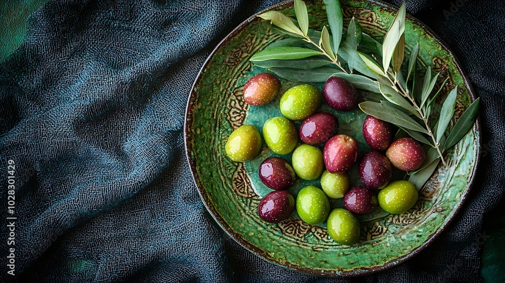 Poster assortment of fresh olives on a plate with olive tree brunches blue textile background copy space to