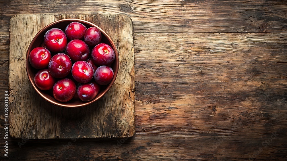 Aufkleber fresh organic plums in copper bowl and on rustic wooden cutting board copy space top view : generati