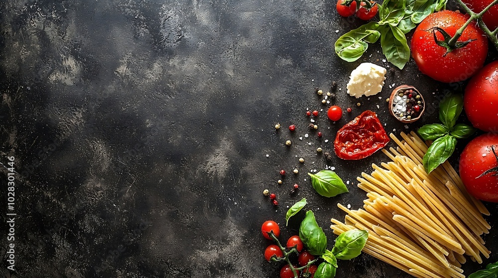 Poster pasta penne with roasted tomato sauce mozzarella cheese and fresh basil grey background top view : g