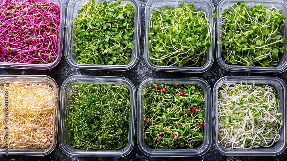 Poster assortment of micro herbs chives radish sunflower chervil sprouts in containers grey background copy