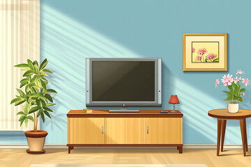 A cozy living room featuring a TV, plants, and decorative elements.