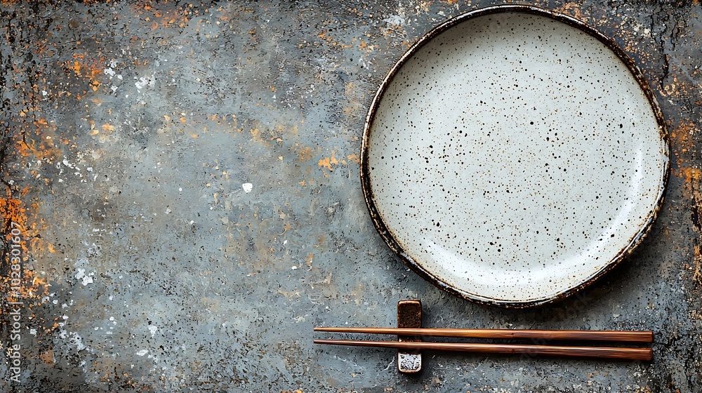 Poster asian table place setting with white plate and chopsticks top view copy space grey background close 
