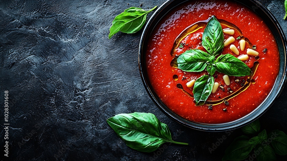 Poster tomato soup with fresh herbs and pine nuts in a bowl grey stone background top view : generative ai