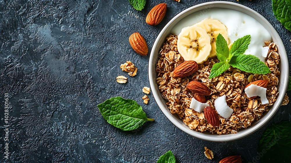 Poster healthy breakfast fresh granola muesli with coconut banana and nuts in a white bowl on grey textile 