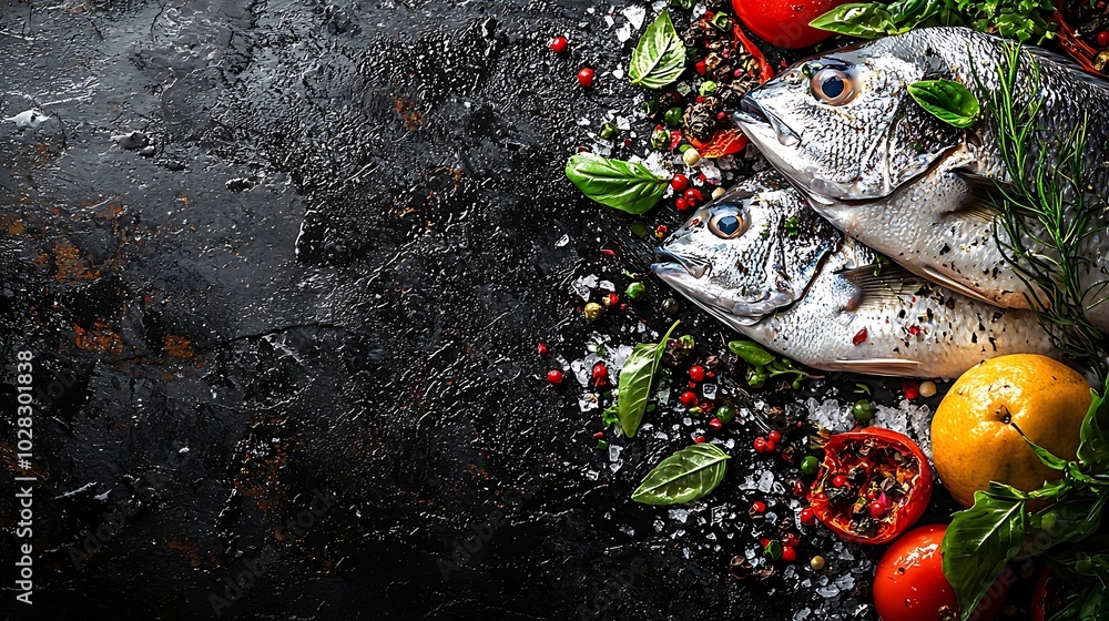 Poster raw fish dorado on a plate black stone background close up top view : generative ai