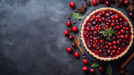 Tart pie cake with jellied fresh cranberries bilberries and winter spices on a grey stone background Copy space Top view : Generative AI