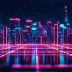 Holographic blockchain, neon interface, futuristic cityscape, dark tones