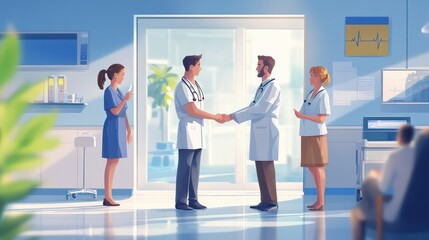 Doctor, people, and handshake in hospital collaboration, meeting, or healthcare agreement. Medical staff shakes patient's hand in thanks, welcome, or introduction at clinic.