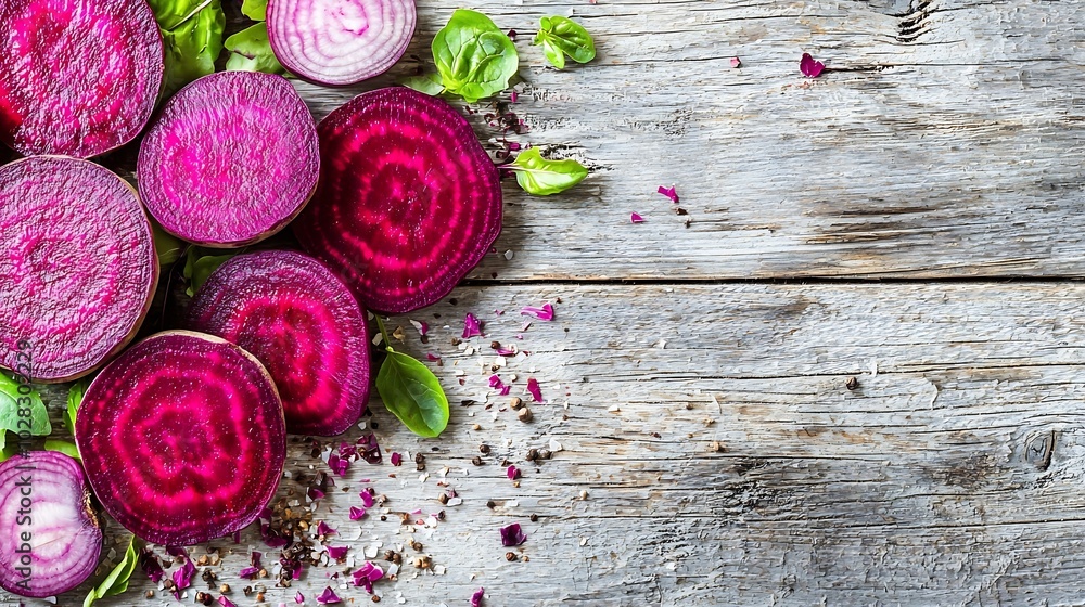 Poster fresh organic beet beetroot on grey rustic wooden background top view close up : generative ai