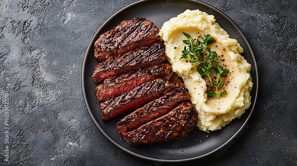 Poster Beefsteak with mashed potato on a plate Grey background Copy space Top view : Generative AI