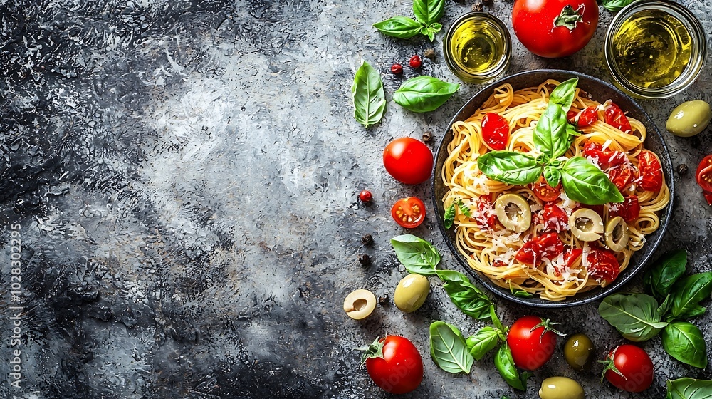 Poster pasta spaghetti with tomato sauce olives and fresh basil puttanesca recipe grey background copy spac