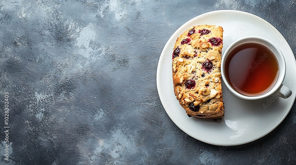 Poster cranberry loaf cake bread with cup of tea on white plate grey background close up top view : generat
