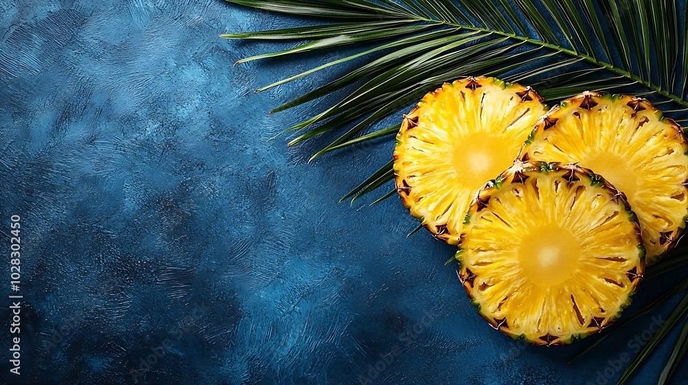 Poster fresh pineapple slices with palm leaf on blue background top view copy space : generative ai