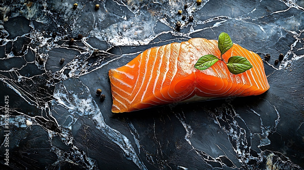 Poster salmon fish fillet texture dark marble background close up top view : generative ai