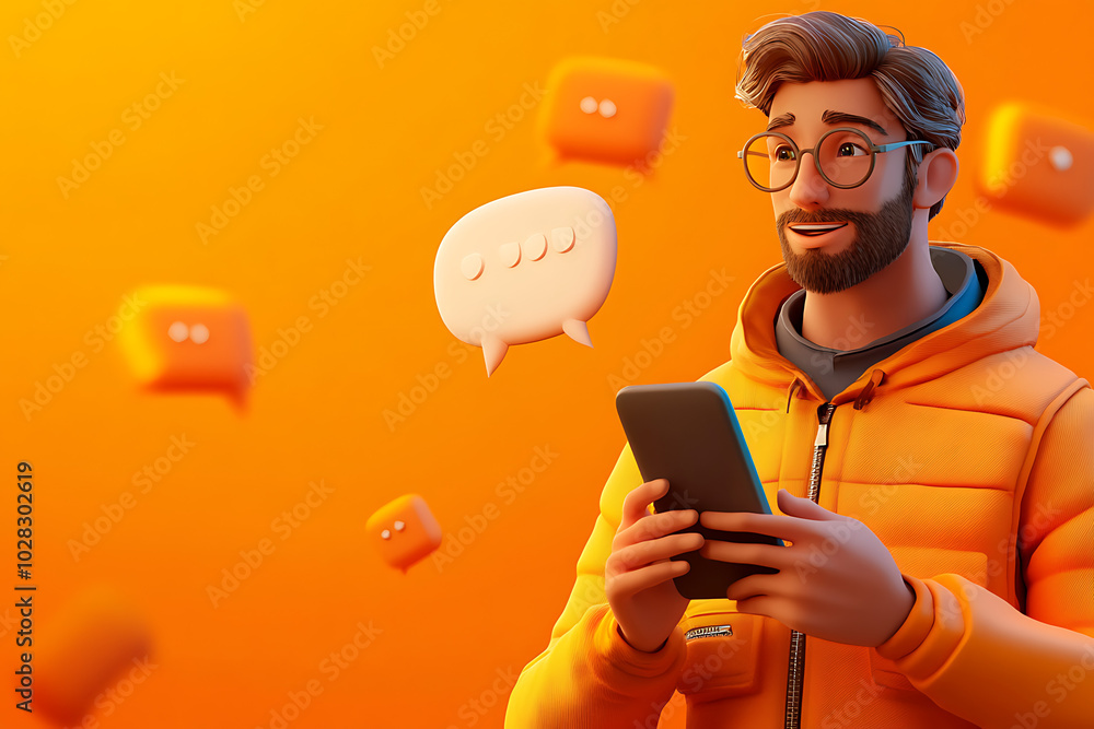 Poster a person in an orange jacket smiles while using a smartphone, surrounded by chat bubbles.