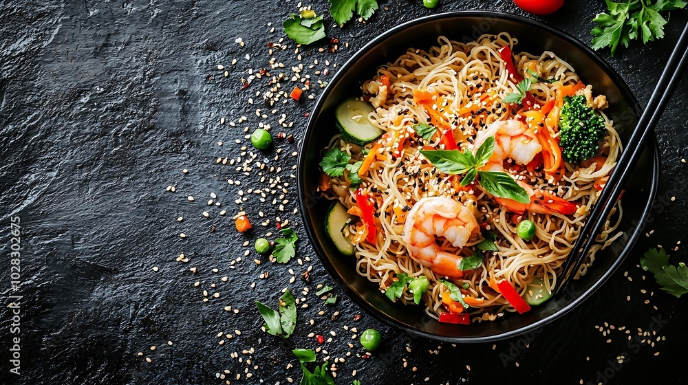 Poster stir fry noodles with vegetables and shrimps in black bowl slate background copy space : generative 