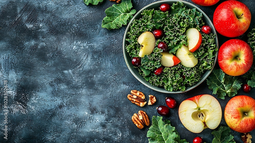 Poster Kale salad with apples cranberry and nuts Grey background Top view : Generative AI