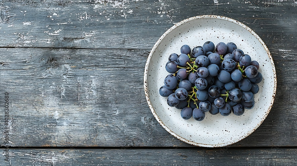 Aufkleber grape on a white plate grey wooden background top view copy space : generative ai