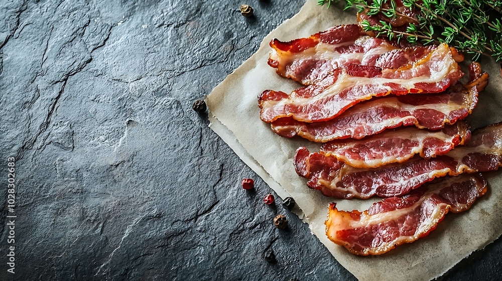 Aufkleber Raw bacon slices on parchment paper Grey slate background Close up : Generative AI