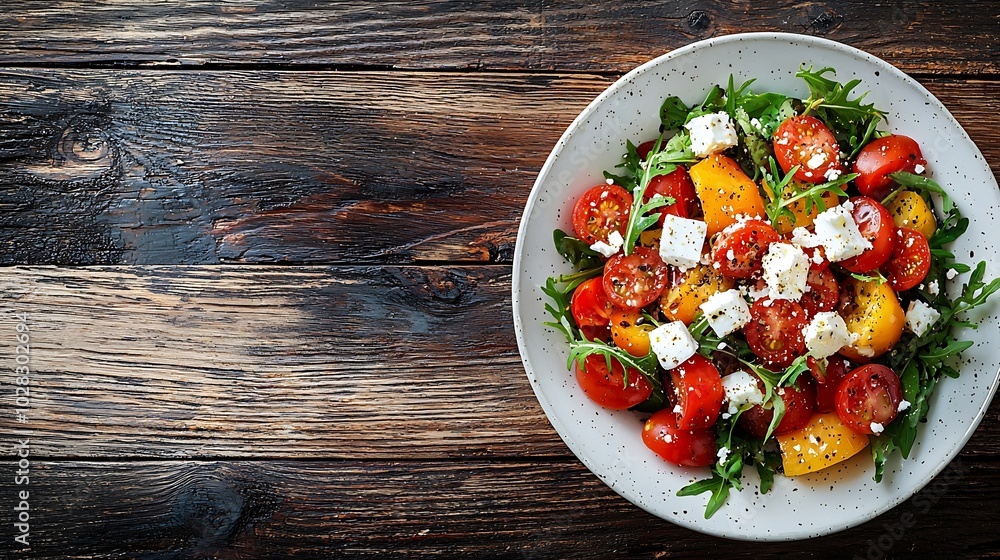 Aufkleber grilled vegetables salad with feta cheese in white plate on wooden background top view : generative 