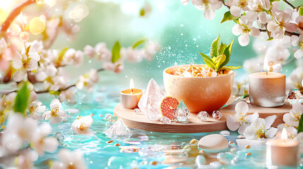 serene spa like setting featuring crystals, candles, and natural healing elements surrounded by blooming flowers. This tranquil scene evokes relaxation and rejuvenation