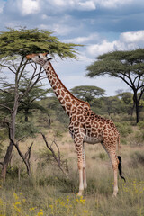 Fototapeta premium Giraffe reaching high to nibble on leaves in a tree