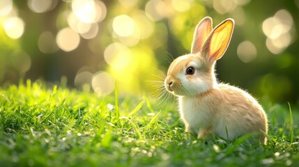 Obraz premium A cute, fluffy bunny rabbit sits in a lush green grassy field with a soft, out-of-focus background of green leaves and warm sunshine.