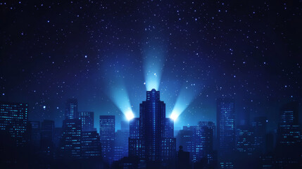 Vector template for a Black Friday sale and discount featuring "70% OFF" in large letters, with a building silhouette and a spotlight against a night sky backdrop. This illustration is ideal for flyer