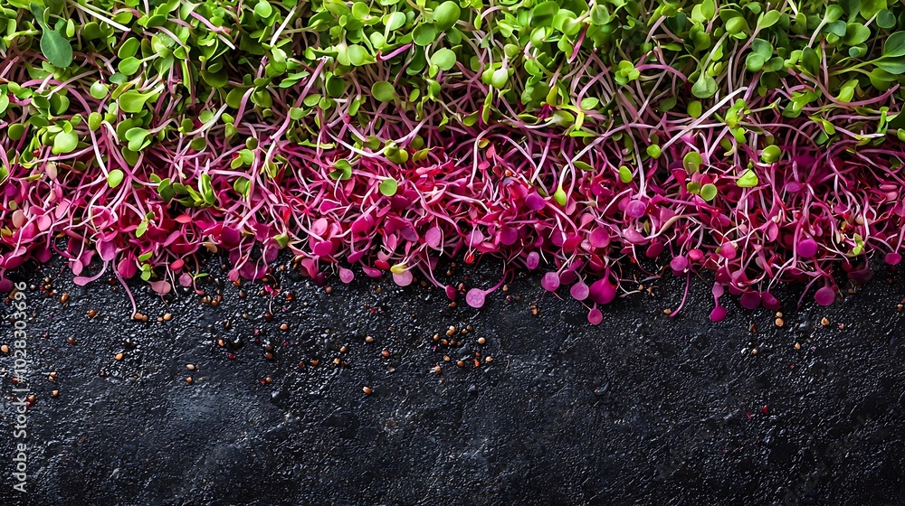 Poster radish micro herbs salad sprouts background close up top view : generative ai