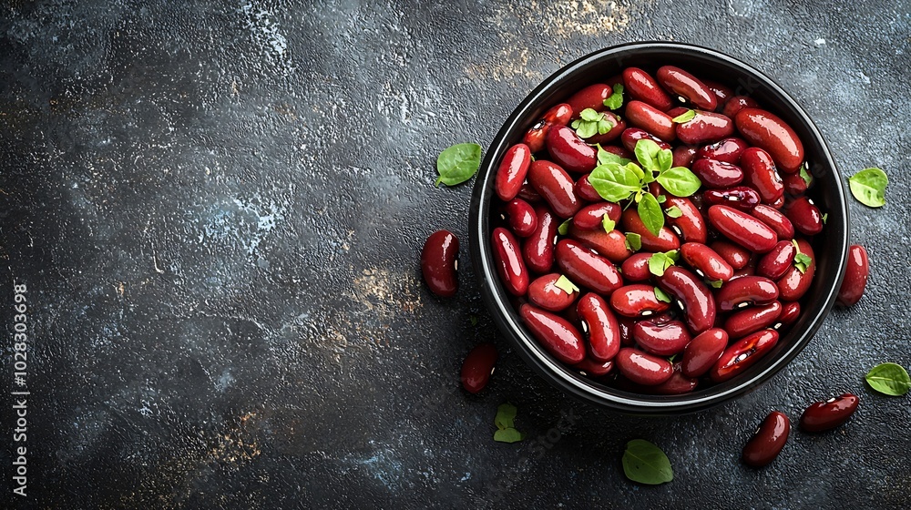 Poster red kidney beans in a black bowl on grey stone background copy space top view : generative ai