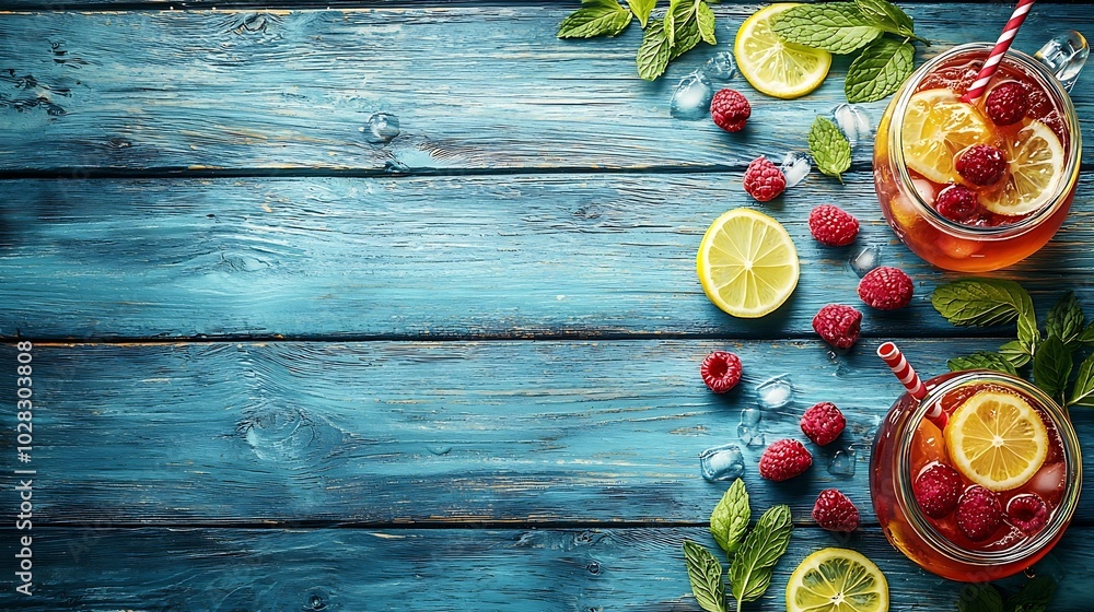 Aufkleber raspberry cocktail fizz lemonade ice tea with fresh mint on blue wooden background copy space top vi