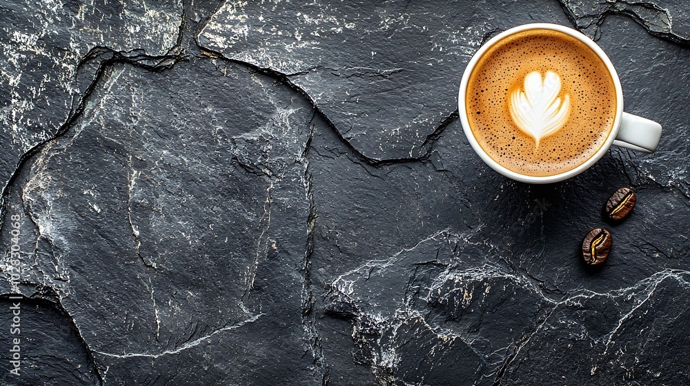 Poster coffee espresso in white cup on black slate background top view : generative ai