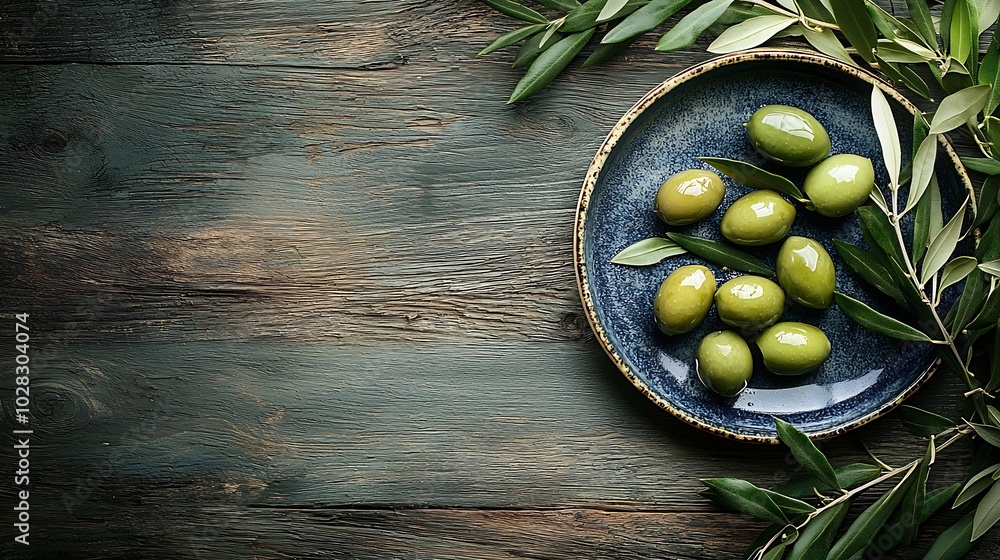 Poster assortment of fresh olives on a plate with olive tree brunches wooden background top view : generati