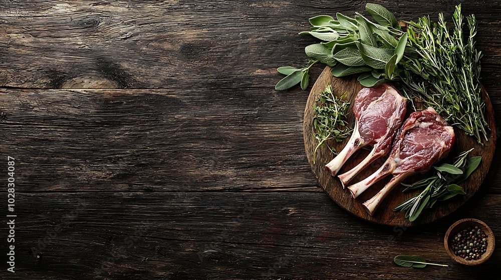 Poster raw meat mutton lamb rack with fresh herbs on a wooden background copy space top view : generative a