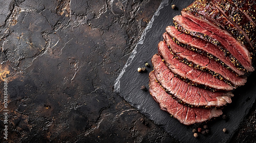 Poster roasted beef pastrami on slate cutting board top view copy space : generative ai