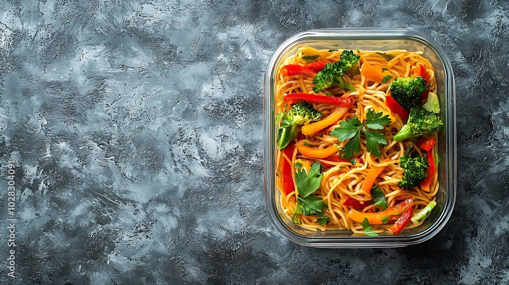 Poster stir fry noodles udon with vegetables in glass lunch box grey stone background top view copy space :