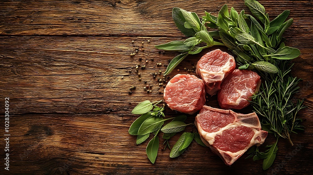 Poster raw meat mutton lamb rack with fresh herbs on a wooden background copy space top view : generative a