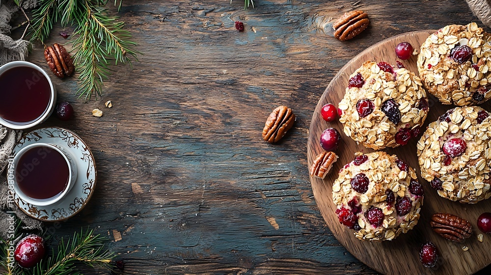 Poster scones with oats cranberry and pecan nuts on wooden background top view : generative ai