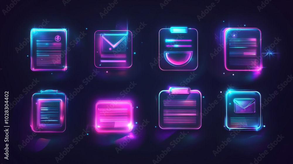 Poster this set has 10 different icons that look like official documents. the icons have a modern, glowing 
