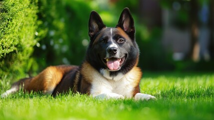 Akita: American Akita in the Garden, Embracing on the Green Lawn with a Relaxing Smile