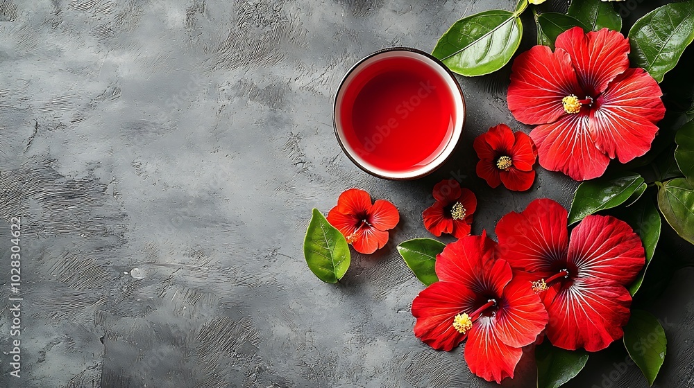 Poster hibiscus flower tea scattered on grey stone background copy space top view : generative ai