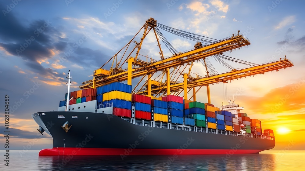 Poster aerial view of bustling container port with cranes loading ships,showcasing global trade and