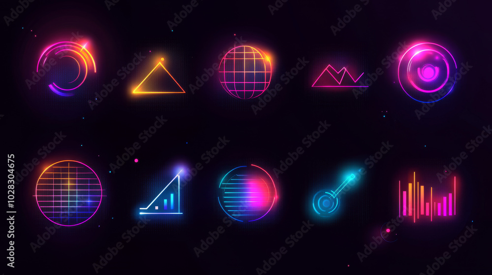 Poster this set includes 10 business-related icons designed in a modern, geometric style with glowing neon 