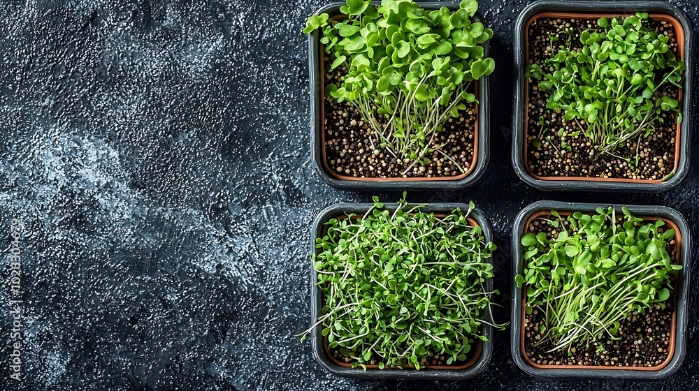 Poster assortment of micro herbs chives radish sunflower chervil sprouts in containers grey background copy