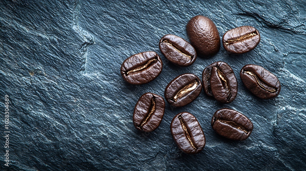 Poster Coffee beans on slate background Top view Copy space : Generative AI