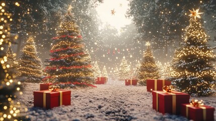Illuminated christmas trees with red and golden garlands into a forest with snowy flakes with shape of stars. close to xmas gifts in red boxes , Generative AI illustration