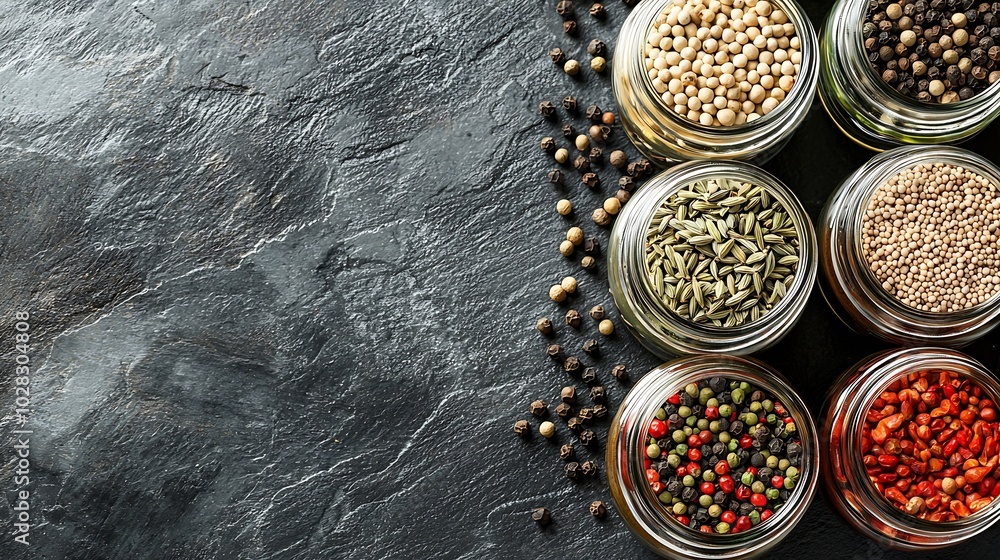 Poster assortments of spices white pepper chili flakes lemongrass coriander and cumin seeds in jars on grey