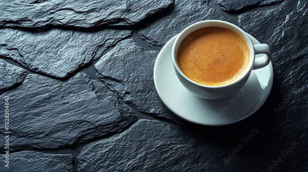 Poster coffee espresso in white cup on black slate background close up top view : generative ai